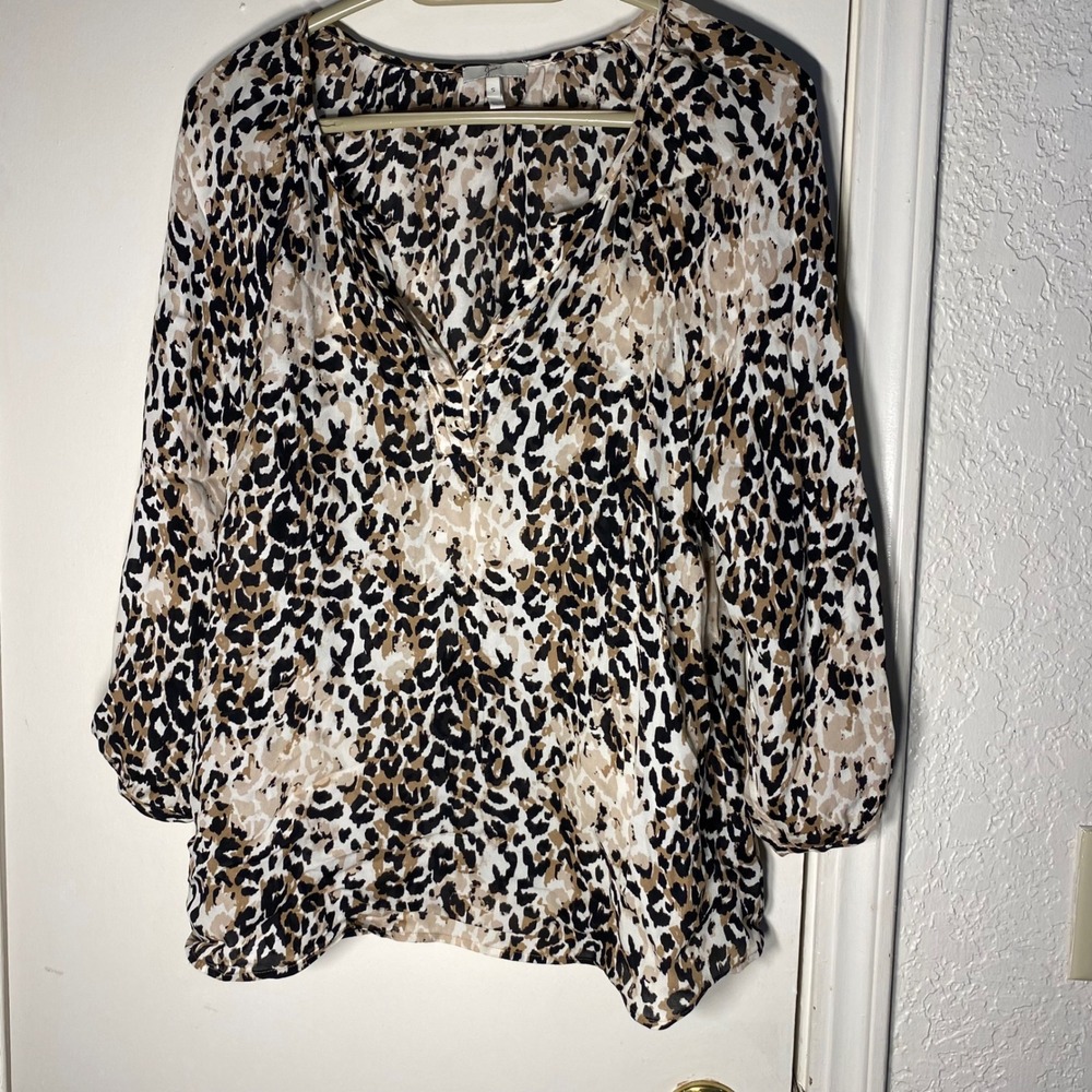 Joie Womens 100% Silk Leopard Print Split Neck Blouse Tan Black Size S